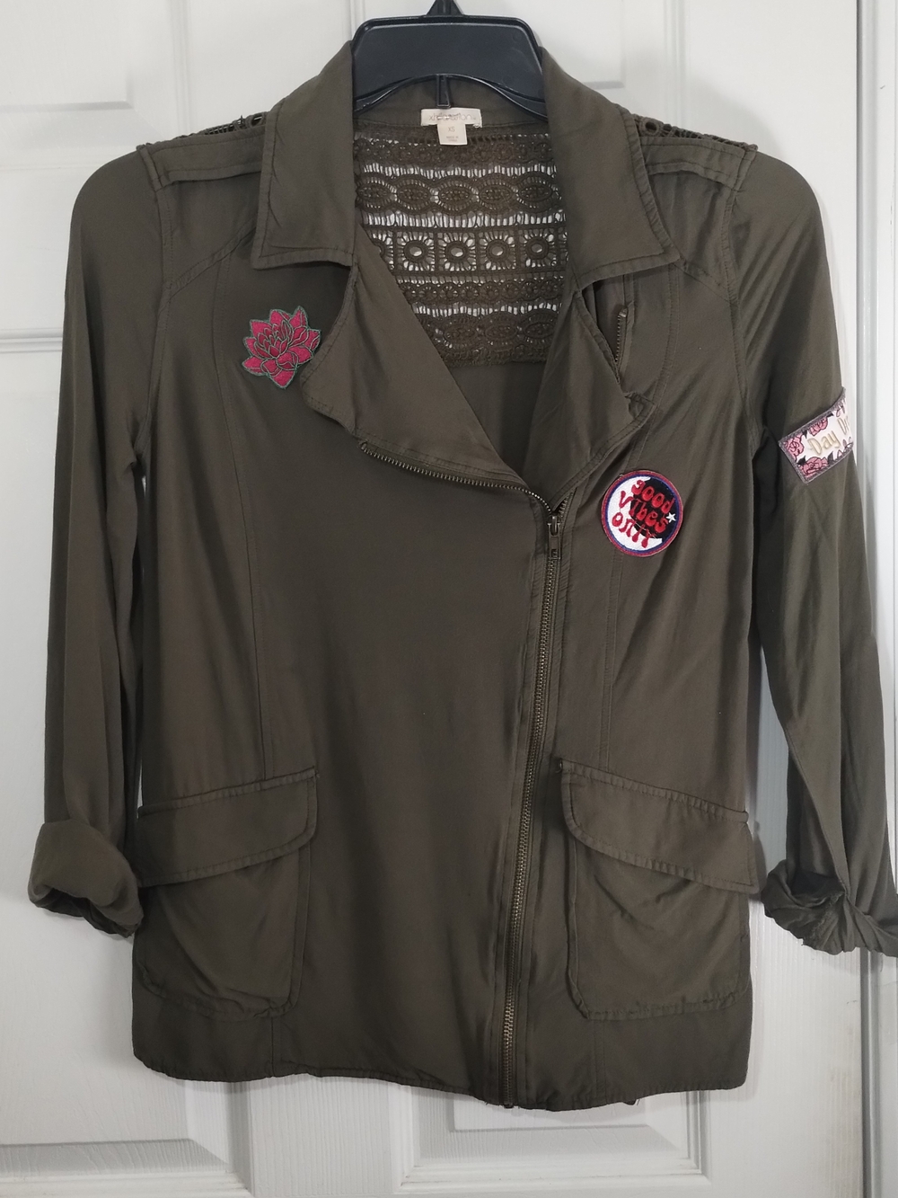 Xhilaration Olive Utility Jacket with Lace Yoke and Boho Patch Accents